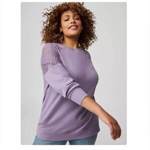 Torrid Size 2X Crochet Lacey Shoulder Crew Sweatshirt Dusky Mauve Purple